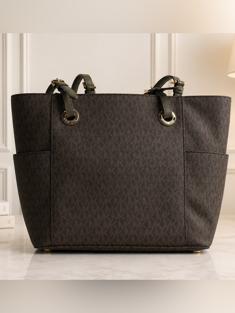 Michael Kors Army Green Monogram Tote with Logo Charm EUC - Picture 2 of 3